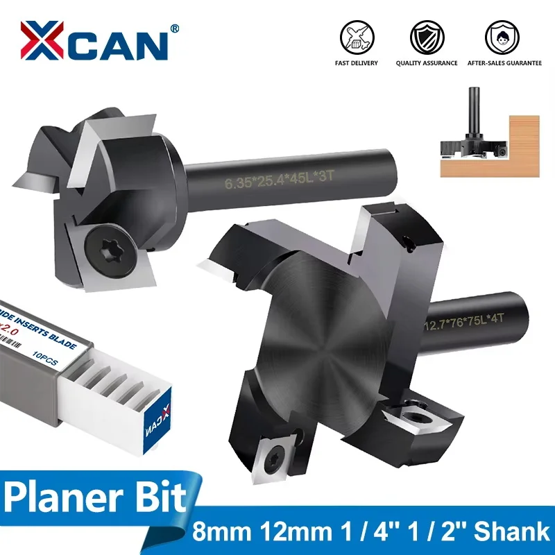 XCAN Milling Cutter CNC Spoilboard Surfacing Route Bit Carbide Insert Slab Flattening Wood Planer Bit 8mm 12mm 1/4'' 1/2'' Shank