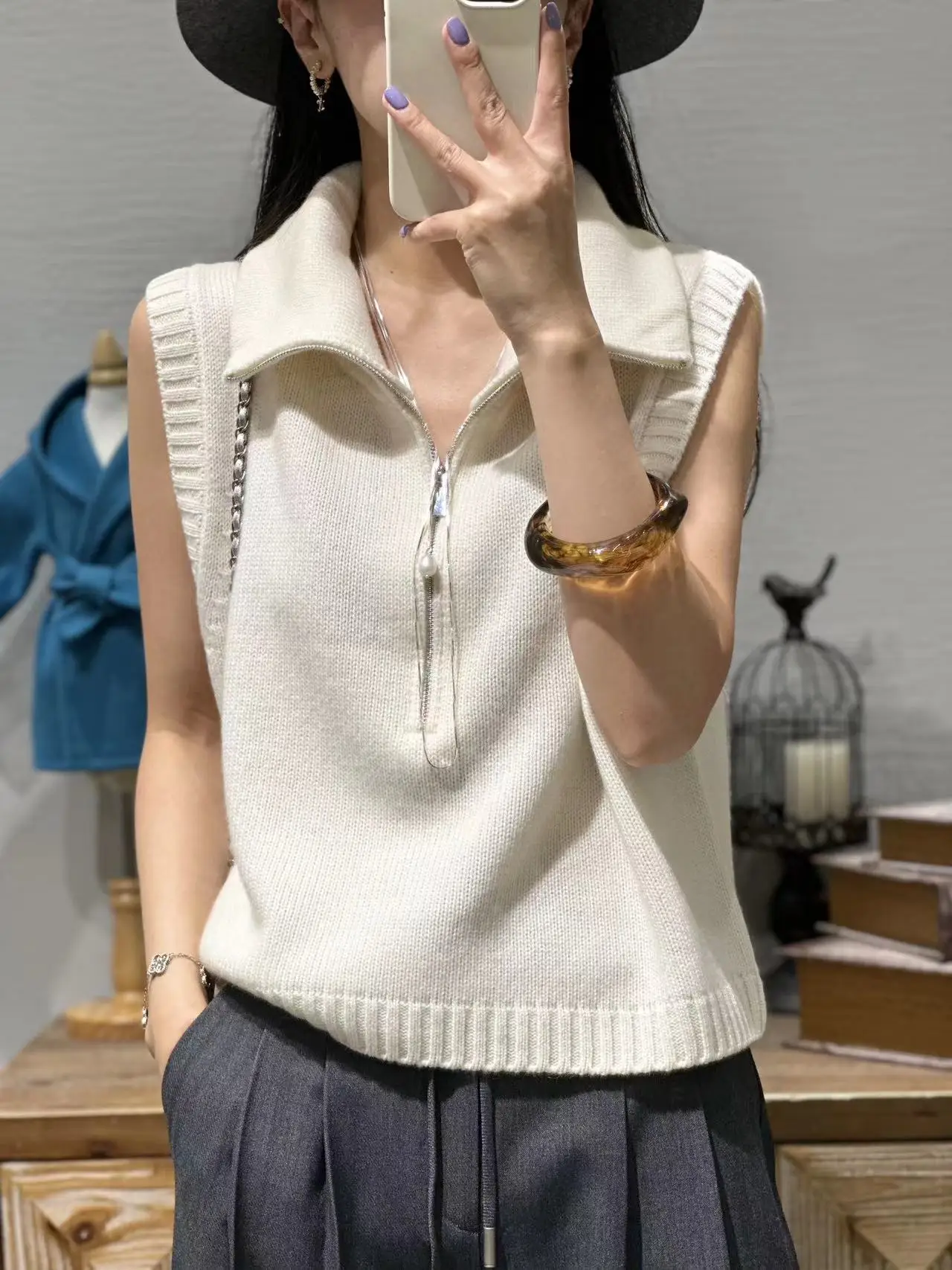 Female Loose Cashmere Vest, High-End, High-End, Zipper, Monochromatic, Early Autumn, New, 2023