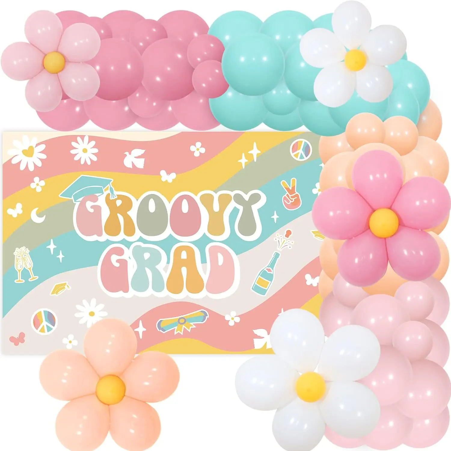 

Groovy Grad Decor Hippie Graduation Party Decor Balloon Garland ArchKit Backdrop for Daisy Pastel Groovy Flower Graduation Party