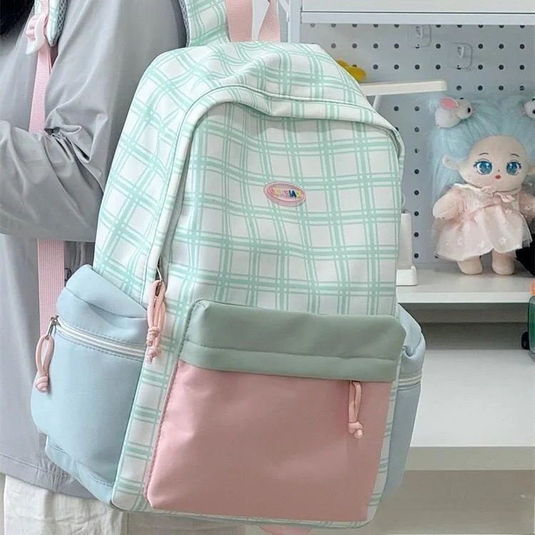 

Adorable Sweet Preppy Plaid Backpack Youth Travel Shoulder Bag Medium Hardness Medium Waterproof Canvas Strap Vertical Square...
