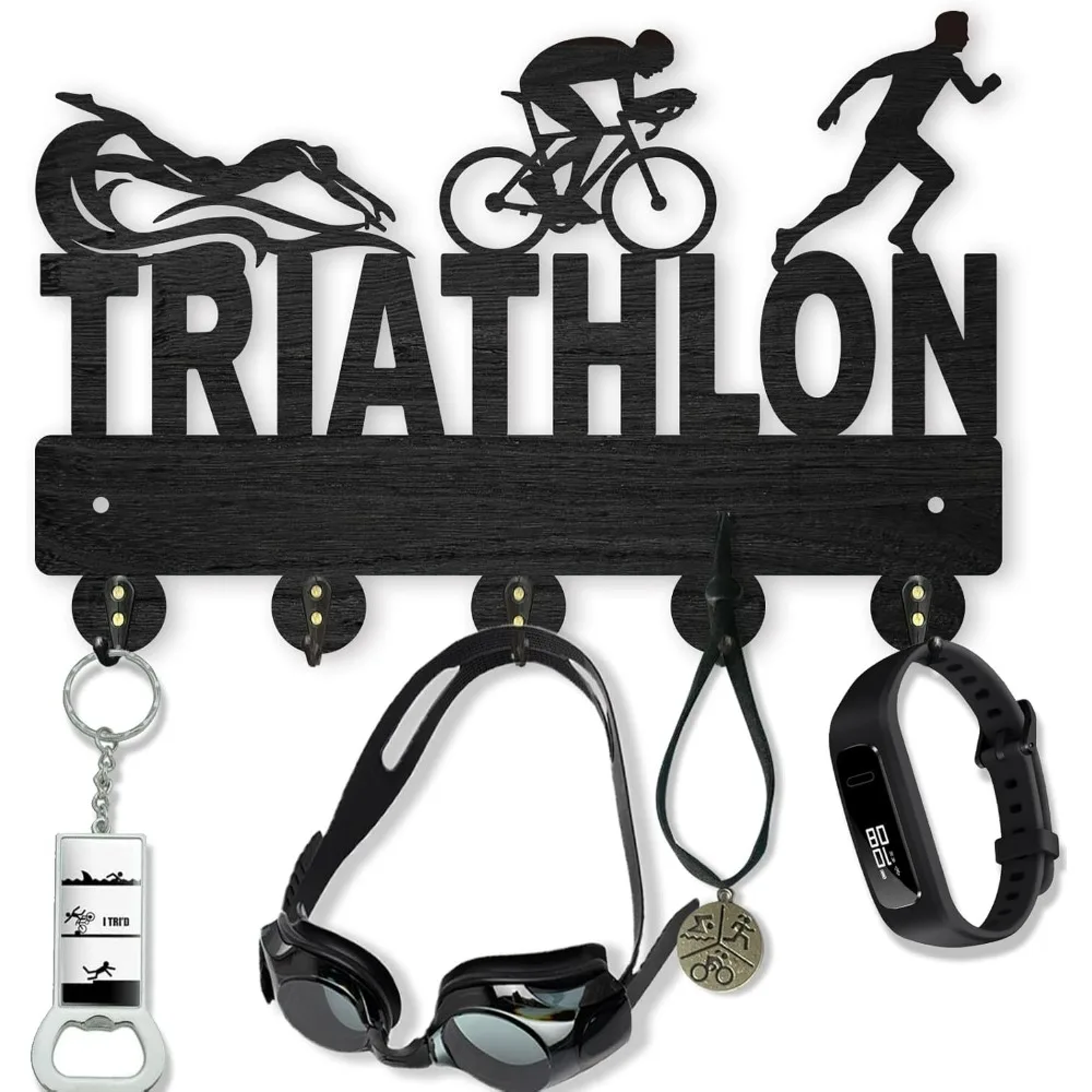 Triathlon Coat Hooks Wall Mounted 11.8×8inch Key Holder Hooks Wood Wall Coat Rack 5 Metal Hooks Hook Rack Rail for Art Decor