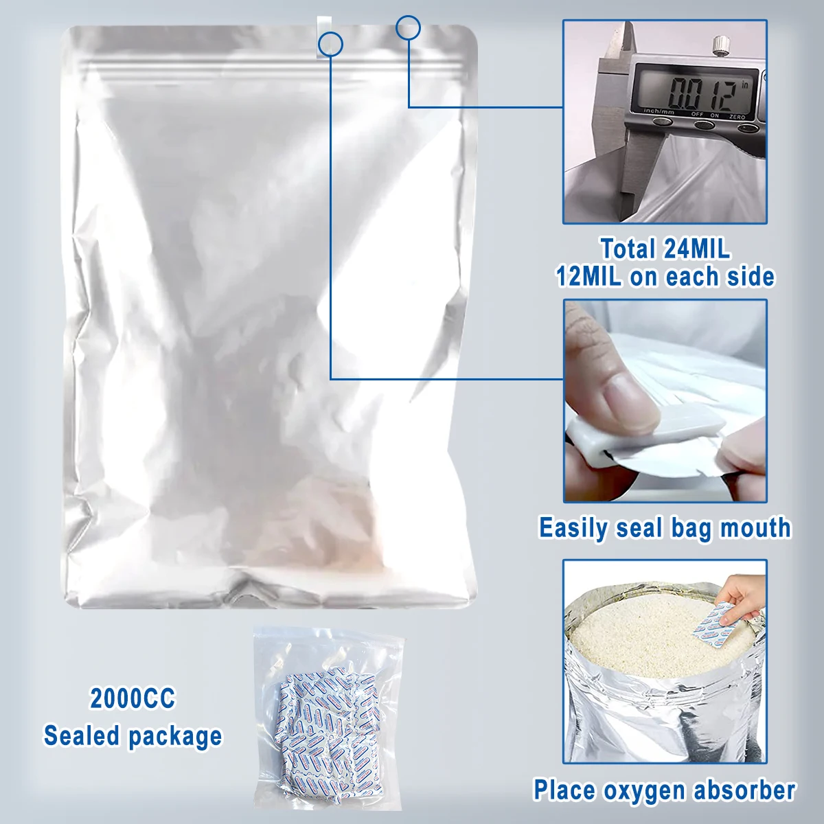 10pcs 2/4/5 Gallon Mylar Zipper Bags  Food Storage 12 Mil Thick Mylar Bags with Oxygen Absorbers 2000cc Ziplock Resealable Bags