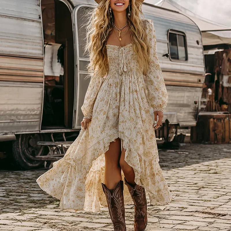 Langes Kleid Damenkleider Blumendruck Vestidos Y2k Streetwear Langarm Hohe Taille Elegant Patchwork Party Nacht Arbeit 2026 Sommer