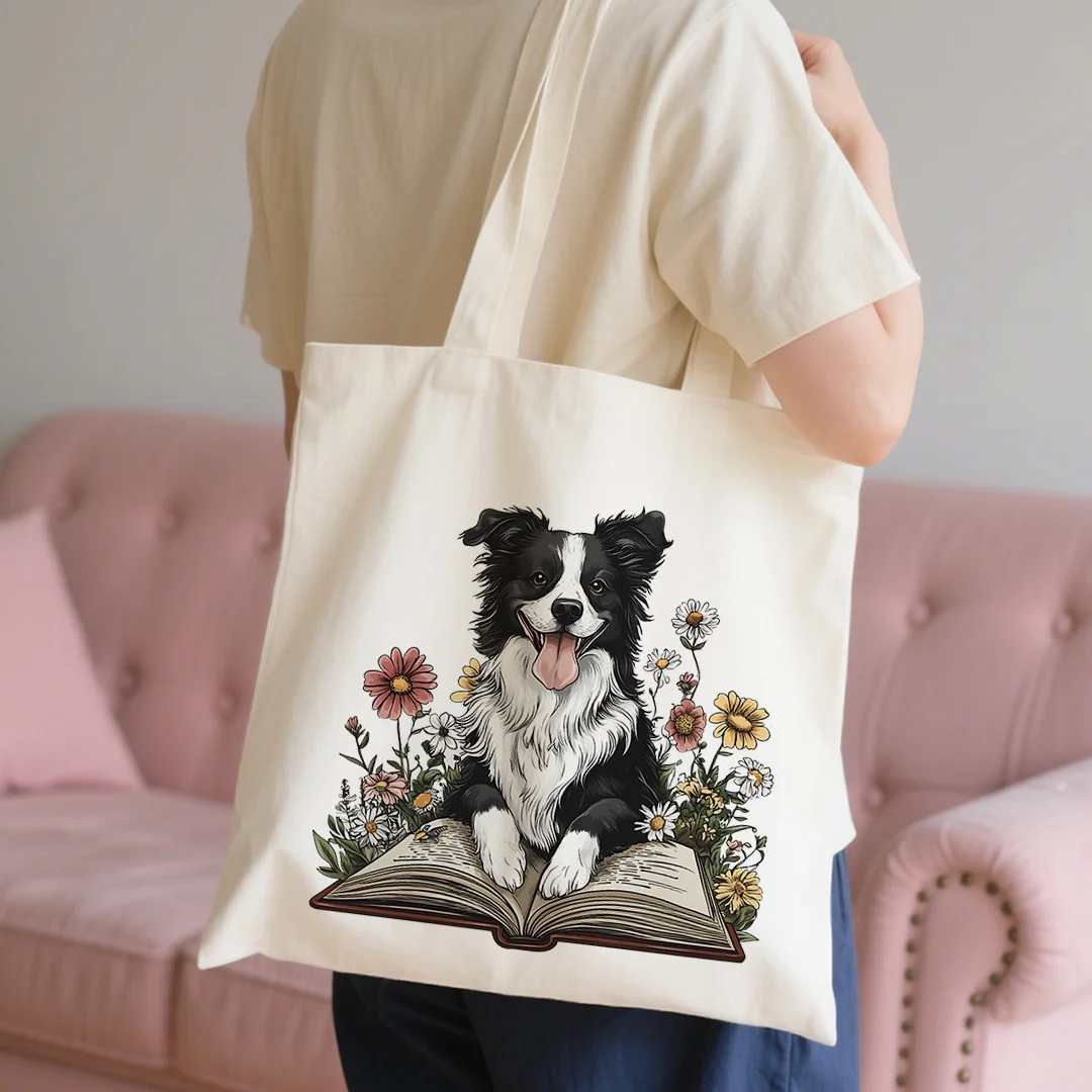 A Border Collie Themed Print Canvas Tote Bag, Suitable For Daily Use, Shopping, School, And Travel