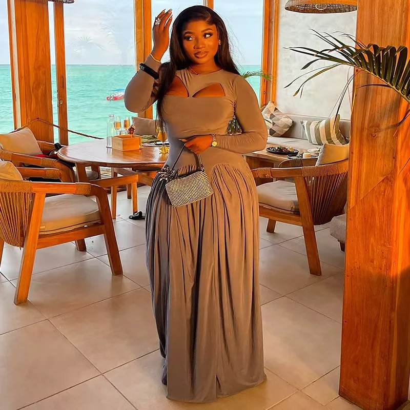 Faionable Sexy Hollow Long Sve Dr Slimming A-Line Skirt High Waist Polyester Fabric round Ne Zipper Ba Closure