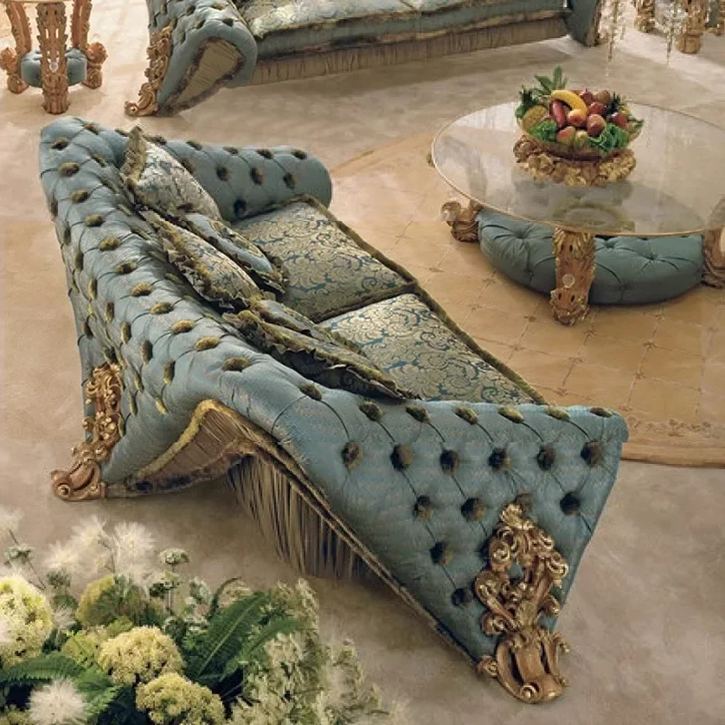European solid wood carving flower living room sofa palace French luxury fabric sofa coffee table combination villa furniture