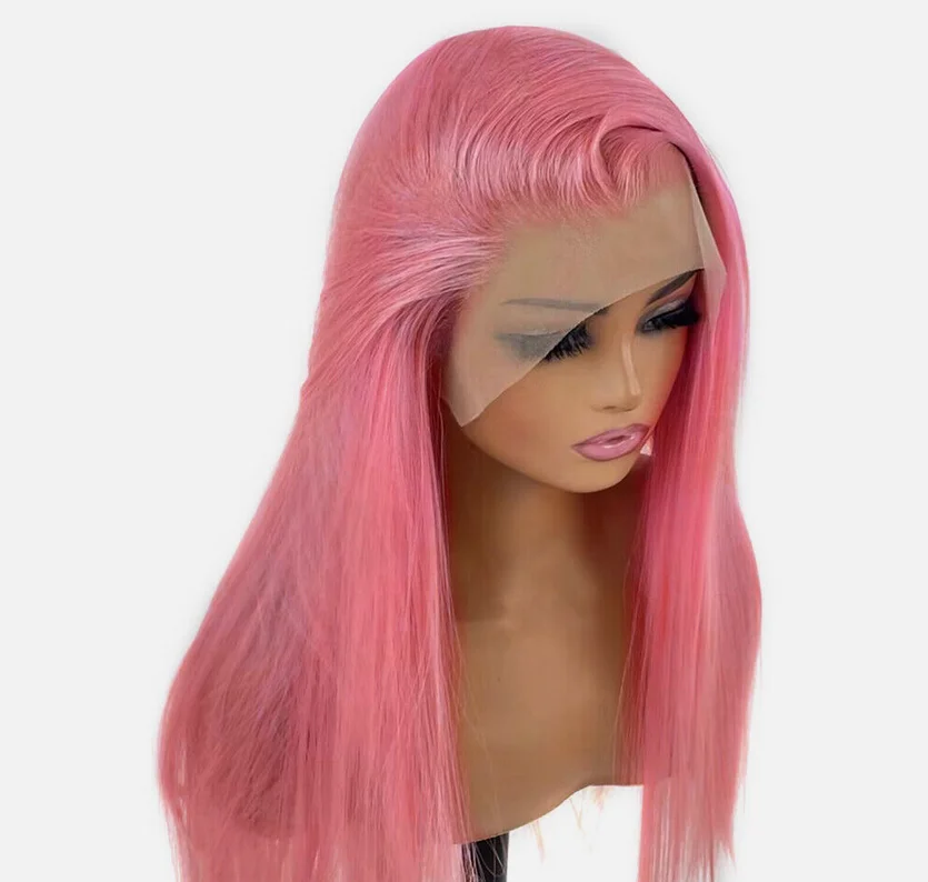 Pink Natural Frontal T Lace Wigs Long Straight Synthetic Hair Heat Resistant