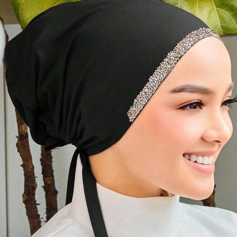 2pcs/set Shimmer Rhinestone Hijab Women Tie Back Caps Muslim Elastic Inner Hijab Breathable Undercaps Soft Jersey Hijab Set