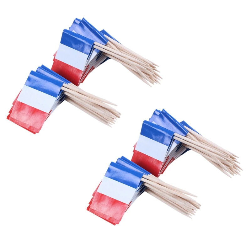 Lote de 100 mini palillos de dientes de madera con bandera para decoración de repostería de frutas de fiesta - Francia (azul, blanco, rojo)