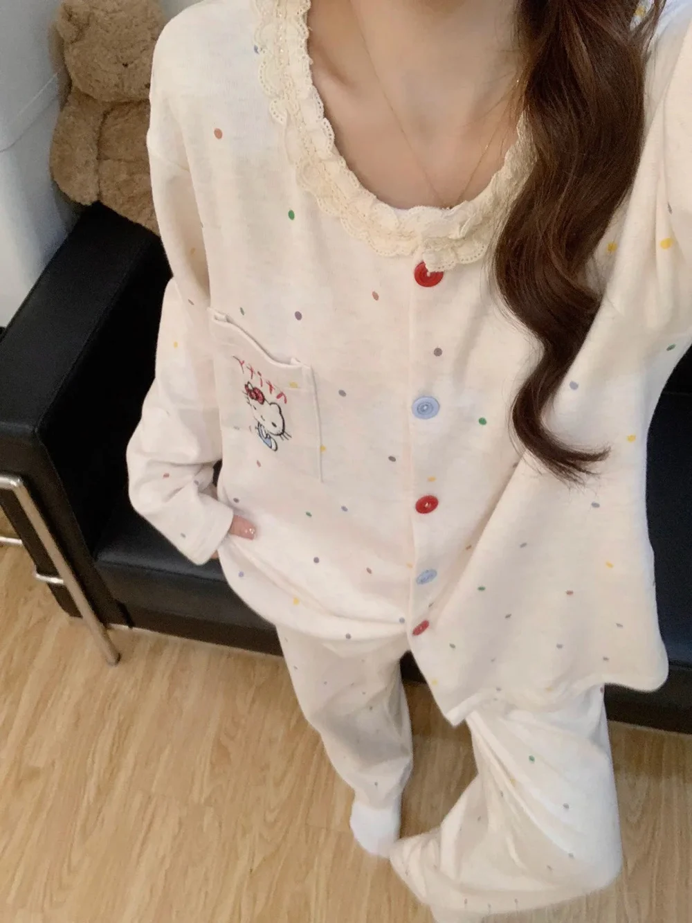 

Hello Kitty Homewear Suit Anime Sanrio Pajama Pants Set Woman Household Clothes Girl Sweet Cute Long Sleeved Shirt Pants 2 Piece