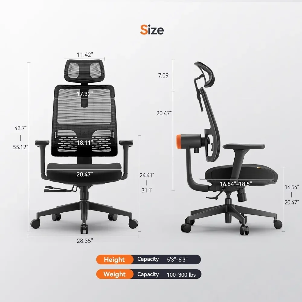 Office Chair, Adaptive Lumbar Support, 4D Armrests, Adjustable Seat, 2D Headrest, Tilt and Lock Function, Home Work Chair