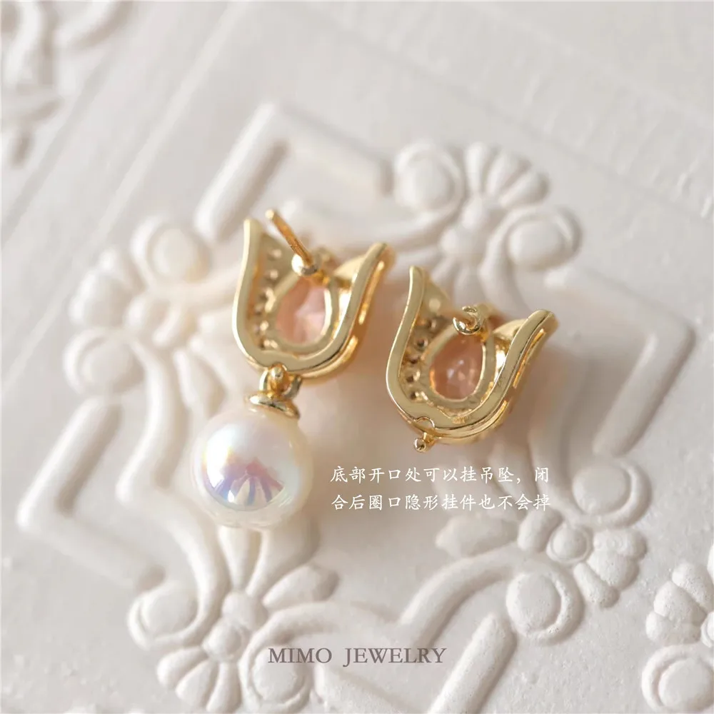 Copper Plated Real Gold Exquisite Peach Zircon Tulip Stud Earrings DIY Handmade Charm Accessories E008