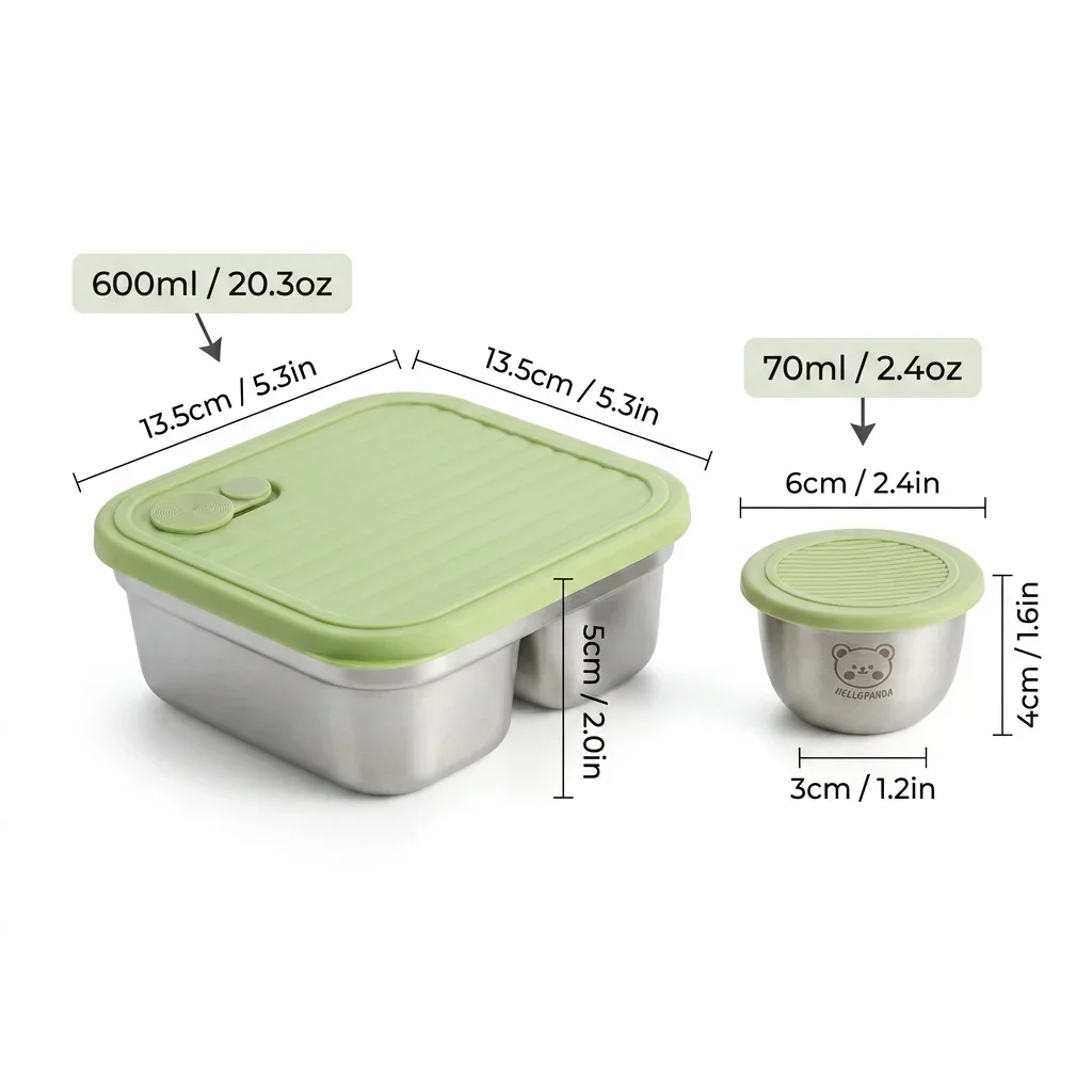 Draagbare lunchbox van roestvrij staal 304, ideaal voor studenten, picknicks en reizen. Herbruikbaar, luchtdicht en lekvrij. Geschikt voor fruit, salades en bentoeetjes, inclusief een aparte bakje