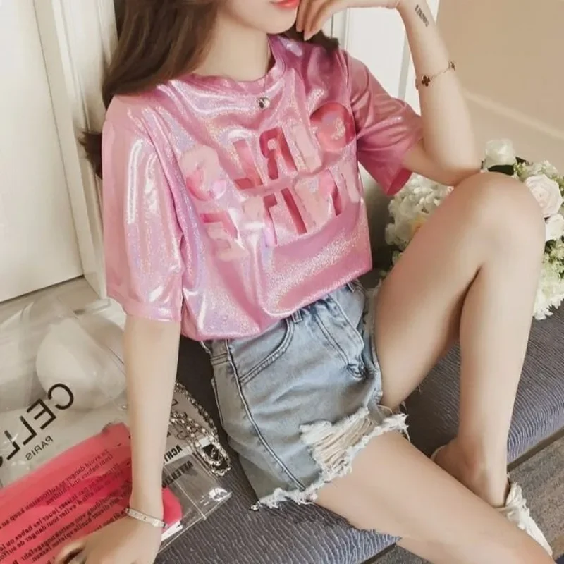 Top Female Sexy Sequin Rhinestone Baggy Graphic Glitter Women's T-shirt Coquette Clothes Short Sleeve Tee Clearance Goth Basic