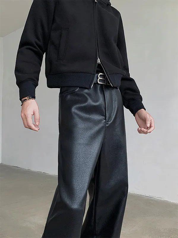 American Style Cleanfit Cool Punk PU Leather Pants Men Loose Wide Leg Long Casual Dragging Trousers Straight Cut Streetwear view 2