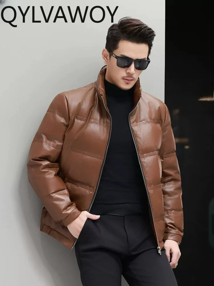 QYLVAWOY 100% Real Leather Down Jacket Men Warm Winter 2026 Top Layer Cowhide Genuine Letaher Coat Fashion Brown Puffer Coats