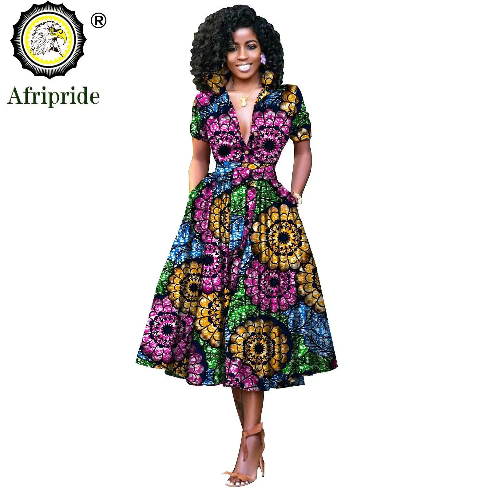 African Dresses for Women Short Sleeve V-neck High Waist Ankara Fabric Print Formal Dress Pure Cotton Bazin Riche Dress S2025072