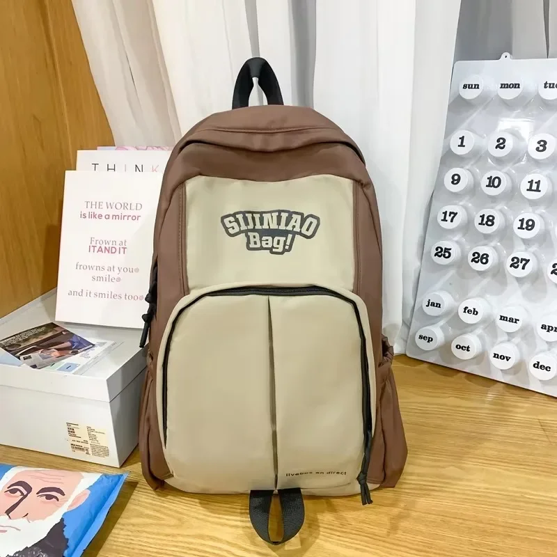 Zipper Nylon School Bags Basic Style Contrast Color 2025 Bags for Women Interior Zipper High Capacity Commuting Backpacks