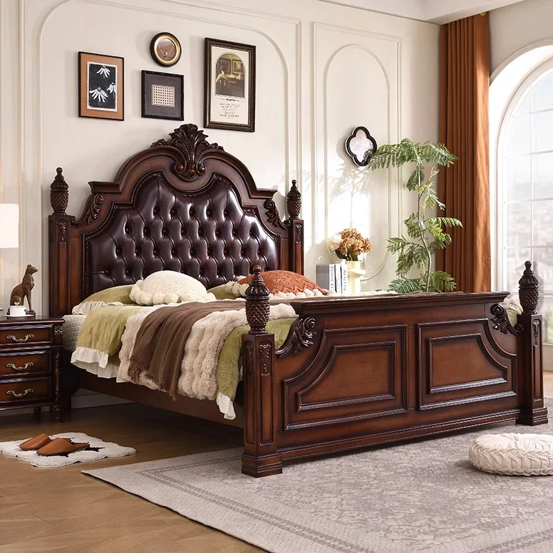 2026 Farmhouse Bedroom Furniture Set Luxury Antique Bedroom Set Antique Wooden Queen/King Bedroom Genuine Leather Cover