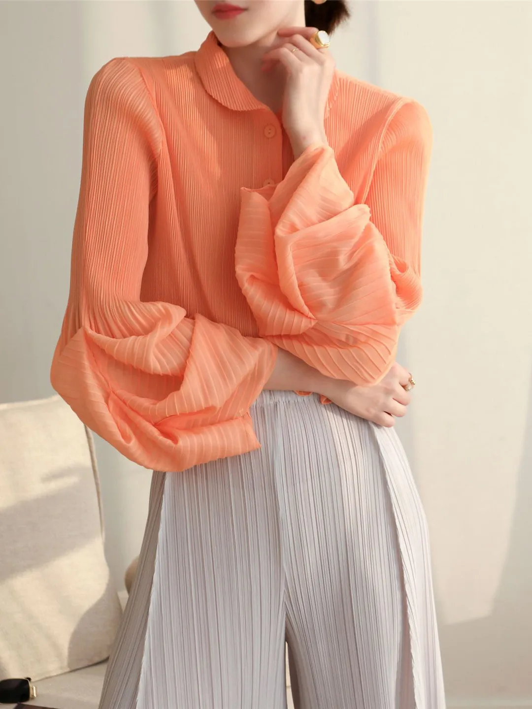 

Fashionable Pleated Women's Shirt Spring Autumn Loose Slimming Long Sleeve Korean Style Cotton Polyester Casual Top