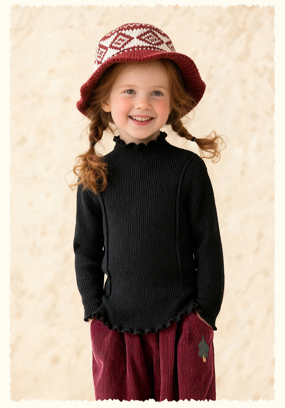 Amila Kids 2026 Winter Mädchen Strickshirt Top Grau Rosa Reisrot Schwarz Rüschen Halbhoher Kragen Weich Nicht hautverletzend – Detail 8