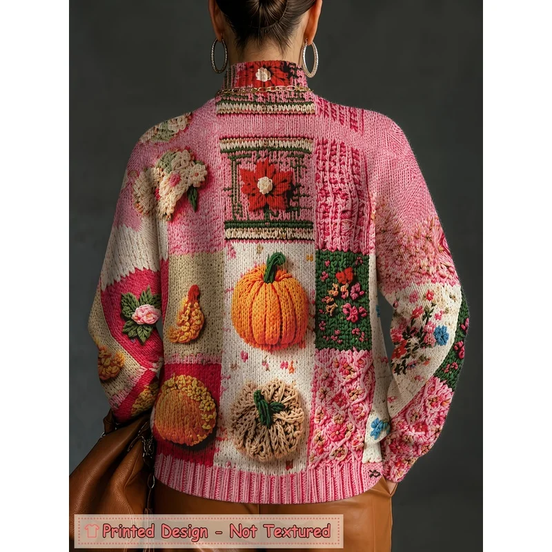 Women's High Quality Print Pumpkin Patchwork Turtleneck Sweater Long Sleeve Knit Pullover Loose Soft Warm Winter Casual Top