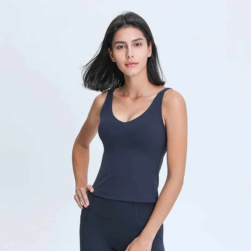 Women's Long V-Neck Yoga Tank Top: U-Back Design, Soft-Against-the-Skin, Nude-Look, Slimming, and Figure-Flattering Yoga Top