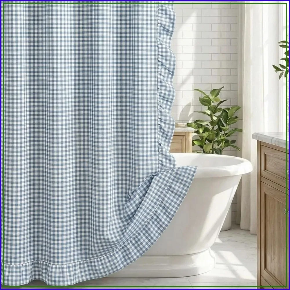 

Ruffled Gingham Shower Curtain 72x72 Inch Dust Blue Cotton Vintage Farmhouse Plaid with 12 Hooks for Bathroom Bathtubs Decor