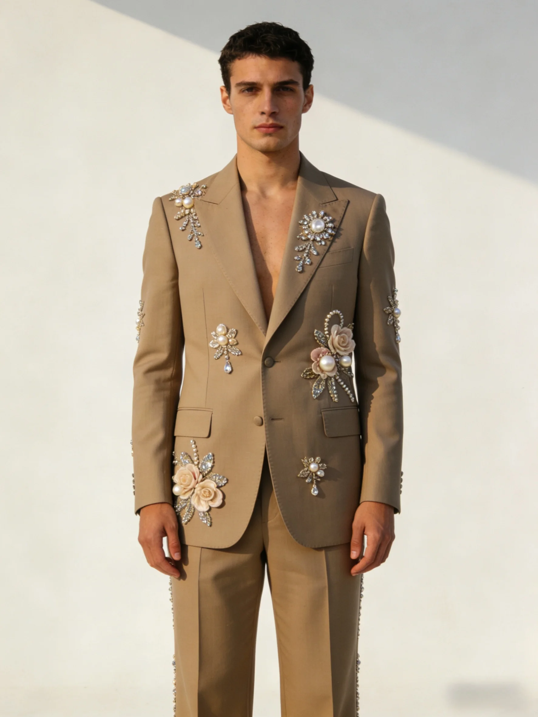 

Floral Crystals Men Suit Set 2 Piece Blazer+Pants Cotton Prom Wedding Tuxedos Coat Customized Formal Office Fashion Jacket