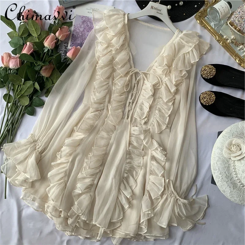 

French Romantic Fairy Dress Women Fashion Ruffles Sexy V-neck Bell Sleeve Chiffon Dress High Waist Slimming Simple Elegant Dress