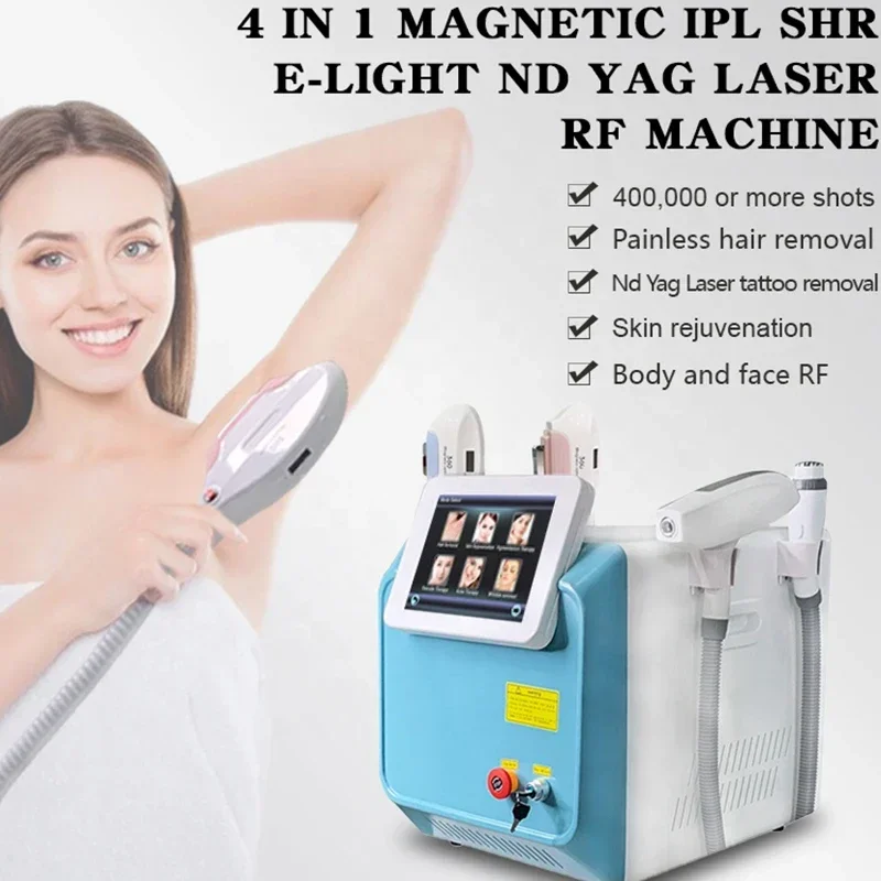 

2023 4 в 1 360 Magneto Удаление волос Elight Ipl Opt Rf Nd Yag Laser 1064 Удаление татуировок Омоложение кожи Косметическая машина