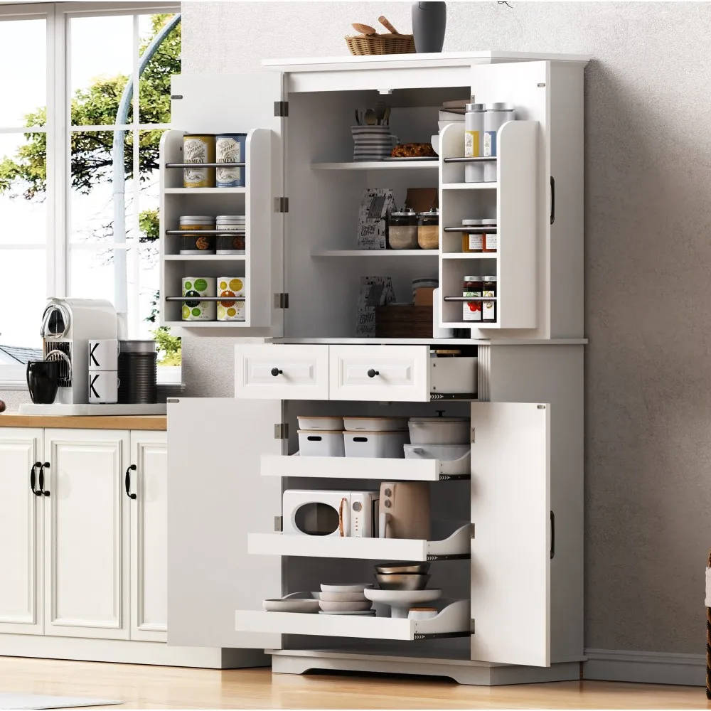 

Farmhouse 71" H Kitchen Pantry Cabinet，3 Pull Out Cabinet Organizers, Wood Cupboard Storage Cabinet with 4 Doors and 2 Drawers