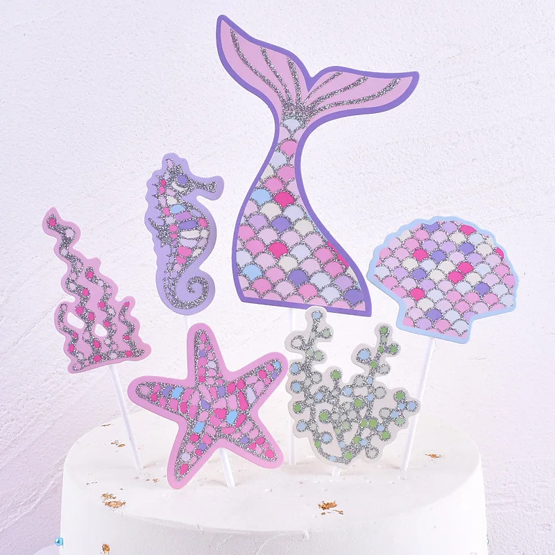

Mermaid Tail Cake Topper Starfish Sea Shell Happy Birthday Cake Decoration Party Pink Purple Baby Girl Princess Cake Decor