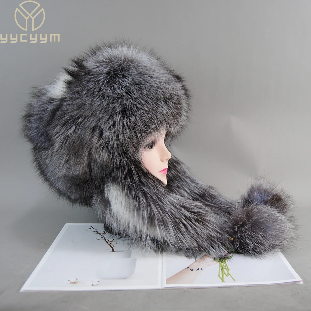 

New Fur Hat for Women Natural Raccoon Fox Fur Russian Ushanka Hats Winter Thick Warm Ears Fashion Bomber Cap Black New Arrival