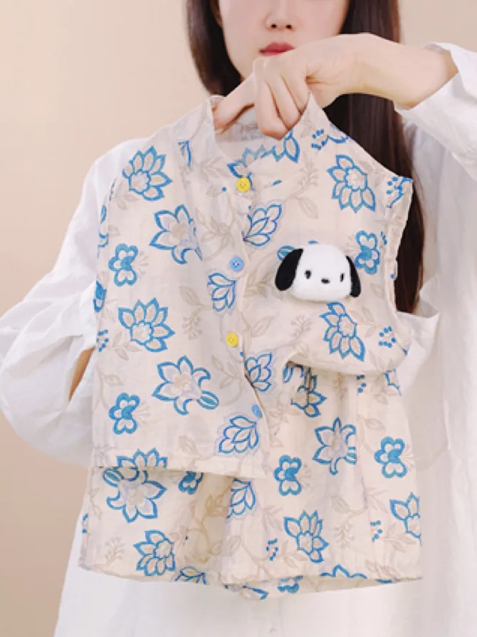 Girls' Summer Cartoon Print Vest Set Casual Two-Piece Suit Dog Doll 3D Design Comfortable Loose Fit Short Sleeve T-Shirt