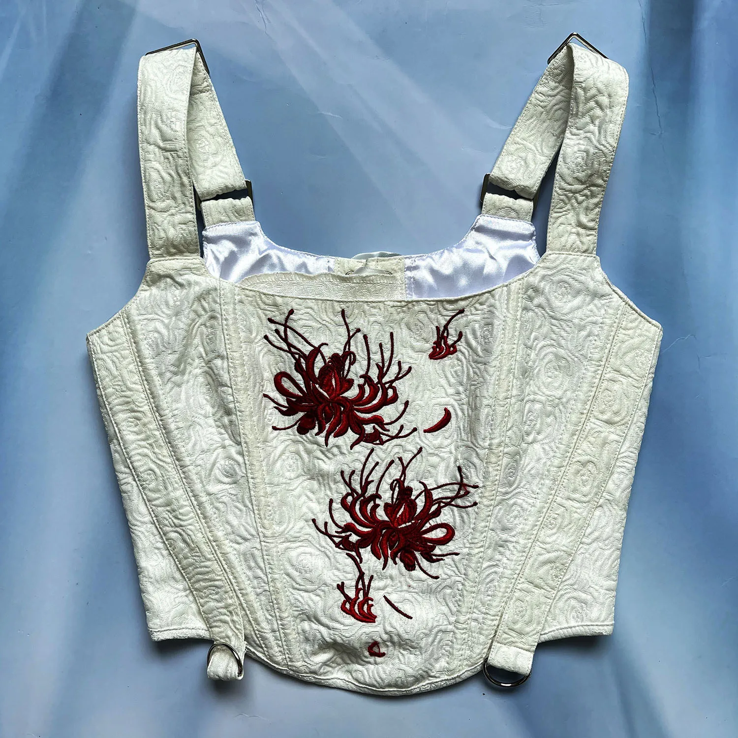 

Women Corset Sexy Gothic Vest Red Gray Floral Vintage Embroidery White Bustier Adjustable Shoulder Straps Shaping Tops Bodice