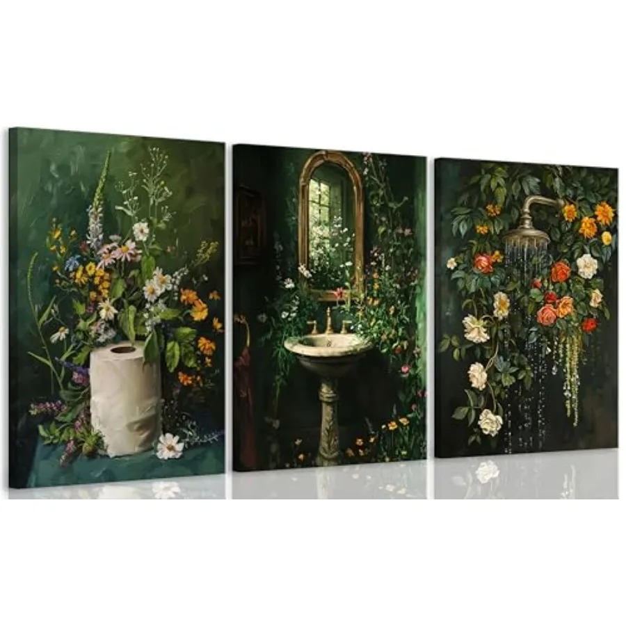 

Набор из 3 винтажных темно-зеленых настенных постеров в рамах для ванной комнаты: цветочные принты для туалетной комнаты, современные фермерские растения, картины