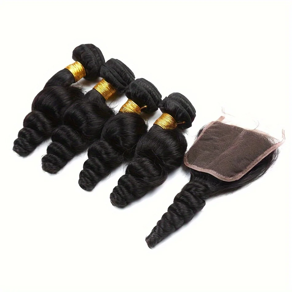Peruvian Loose Wave With 5x5 Lace Closure Human Hair Extensions 4 Bundles With 5x5 Closure Free Part Natural Hair Bundles