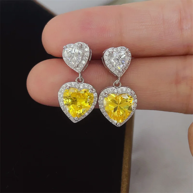 Ins Style Moissanite PT950 Platinum Single 2.5 Carat Yellow Diamond White Diamond Love Heart Earrings for Women,trendy ear decor