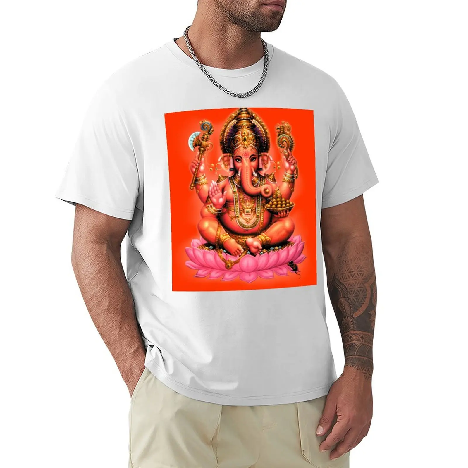 Ganesh on orange background T-Shirt kawaii clothes summer clothes Blouse men clothings