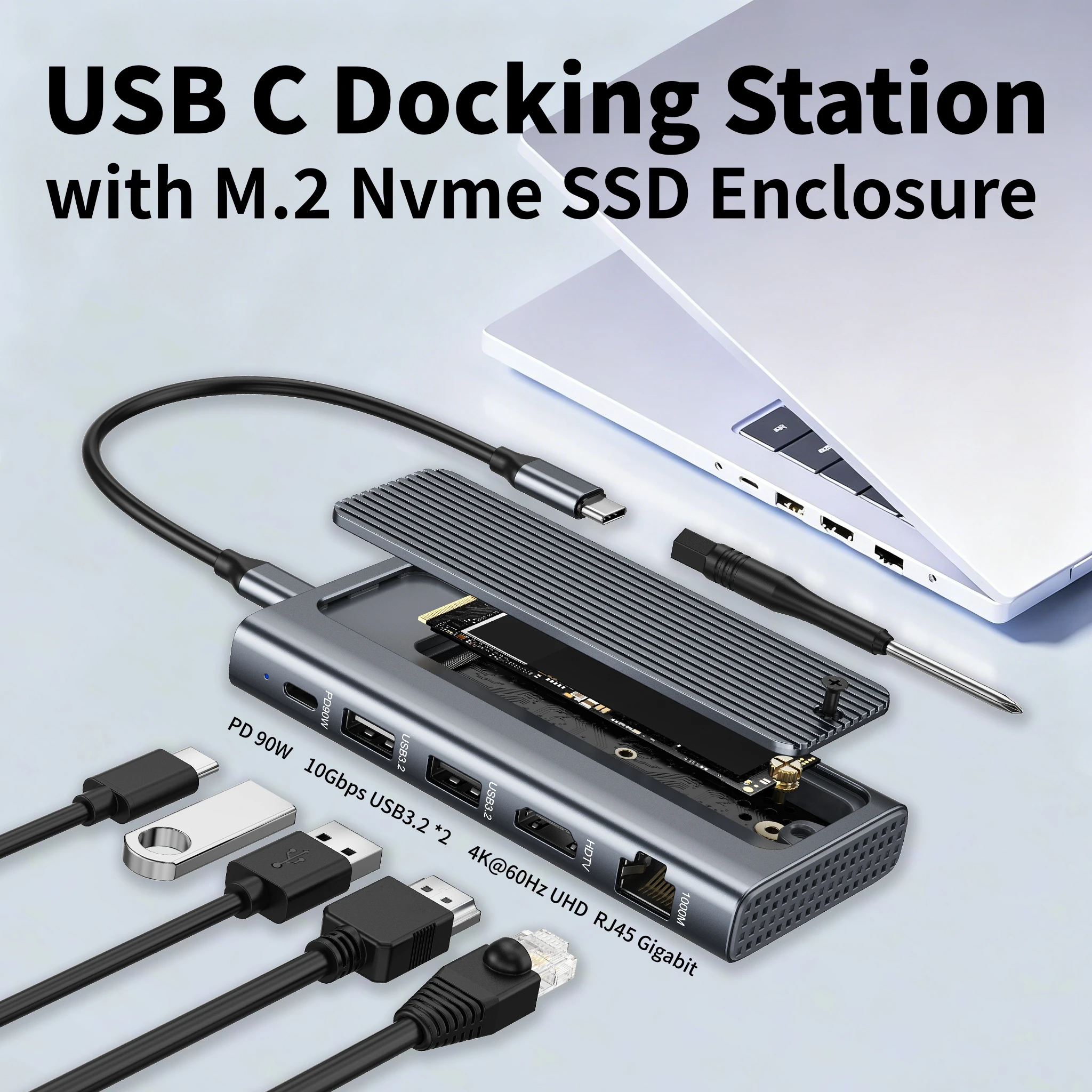 

USB C 6-in-1 Docking Station M2 NVME/NGFF SSD Enclosure USB 3.1 Gen2 10Gbps 4K60Hz HD 1000M LAN PD100W USB HUB Multiport Adapter