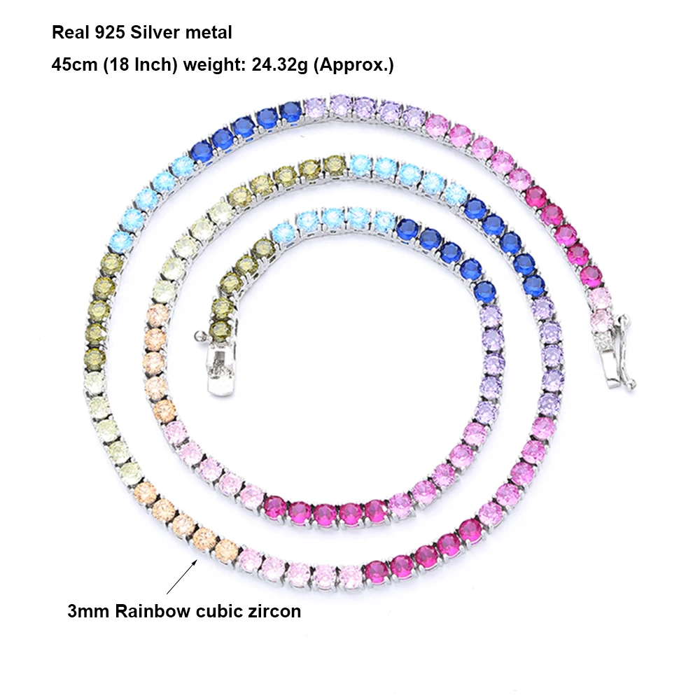 16-24นิ้ว100% รับประกันแท้925เงินสร้อยคอสร้อยคอเทนนิสการตั้งค่า Pave 3Mm Sparkly Rainbow Zircon เครื่องประดับ Fine