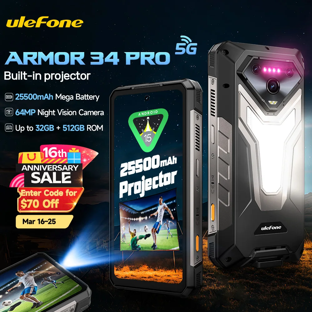 【World Premiere】Ulefone Armor 34 Pro 5G AI Rugged Phone 25500mAh Up to 32GB+512GB Built-in Projector 120Hz 6.95" NFC Smartphone