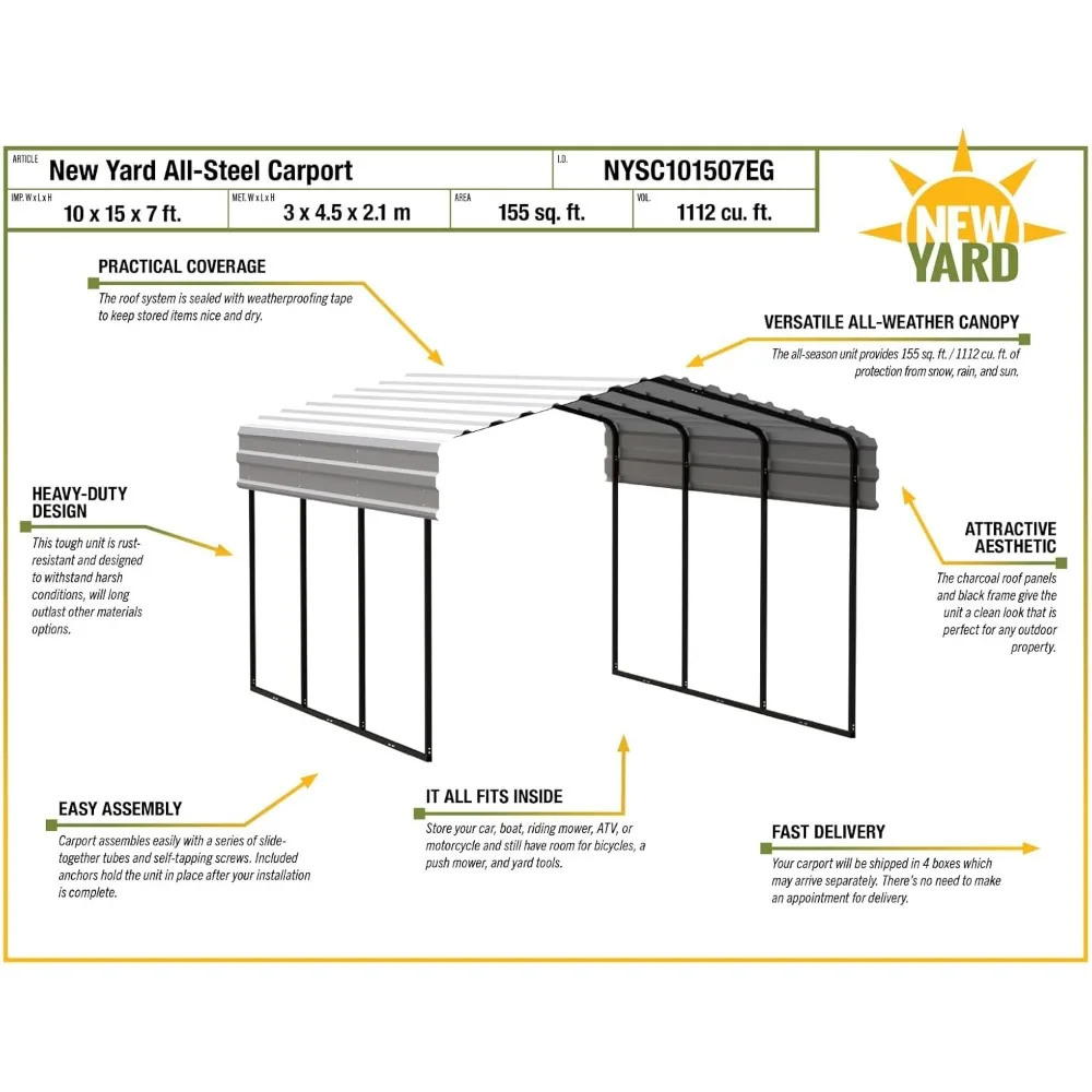 

10 X 15 X 7 Ft Eggshell-shaped Sturdy All-steel Heavy-duty Carport with Metal Frame