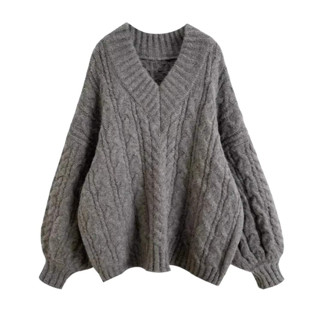 Long Loose Sweater Women's High End V Neck Gray Cable Knit Sweater Spring Loose Retro Lantern Sleeve Knitwear Lazy Style