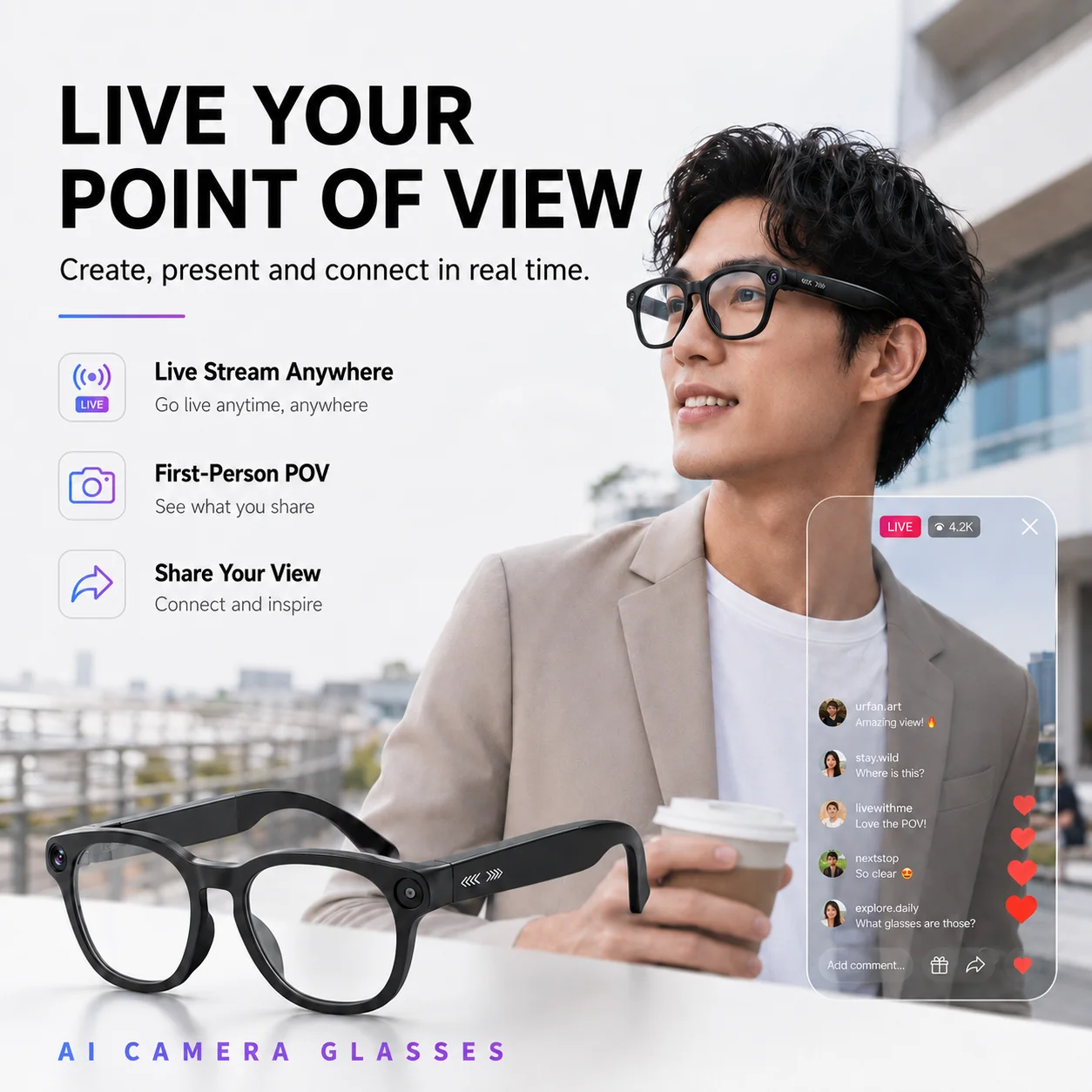 CY03 AI Smart Glasses 800W Pixel  HD Camera Video Bluetooth Call Real-time Translation Live Streaming Glasses