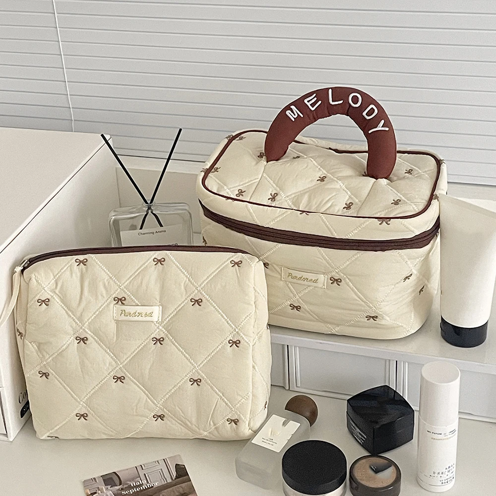Fashion Brown Bow Cake Women Makeup Zipper Bag Large Capacity Tote Organizer Toiletry Cosmetic Pouch Ladies Make Up Handbag image 2