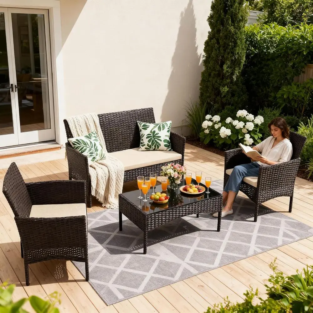 4 Pieces Patio urniture Set, Wicker Outdoor urniture with 2 Chairs 1 Loveseat 1 Glass Coee Table, Weather-Resistan Patio Set wit