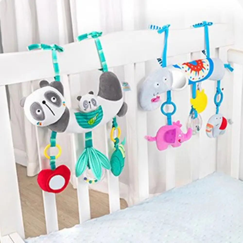 Animal-shaped Baby Stroller Hanging Pendants Distorting Mirror with Strap Plush Stuffed Sensory Toy Rattle Sound Paper