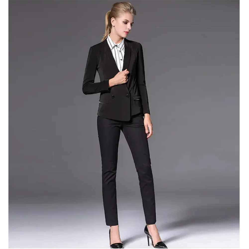 Fashion Chic Classic Black 2 Piece Jacket Pants Slim Fit Double Breasted Peak Lapel Office Lady Daily Conjuntos De Pantalones